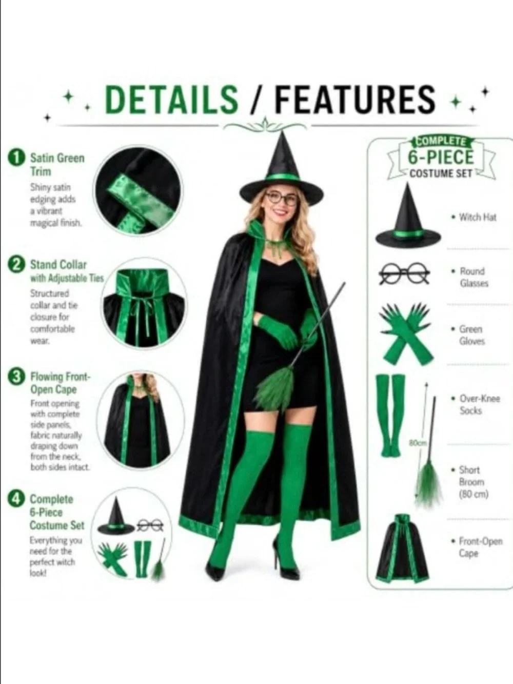 Green Witch Women’s Costume Set with Cape, Hat, Gloves, Socks and glasses.
